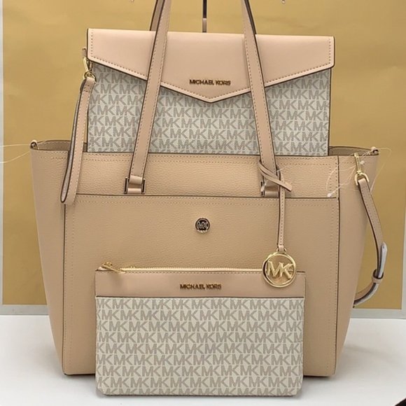 Michael Kors Maisie Large Pebbled Leather 3-in-1 Tote Bag Buff Signature Multi - Picture 1 of 16
